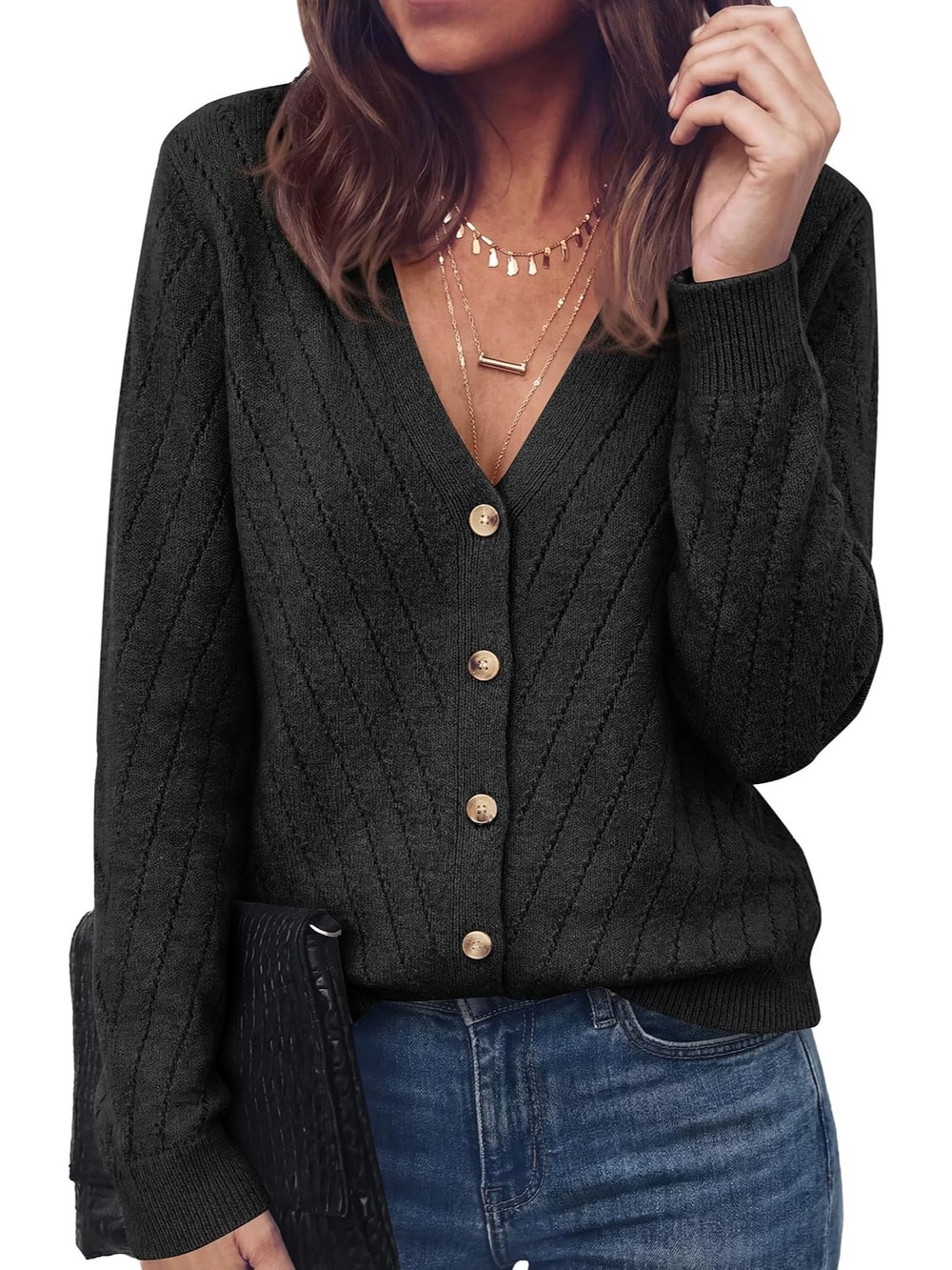 🆕 Women's Black V Neck Long Sleeve Button Front Cozy Knit Cardigan Sweater